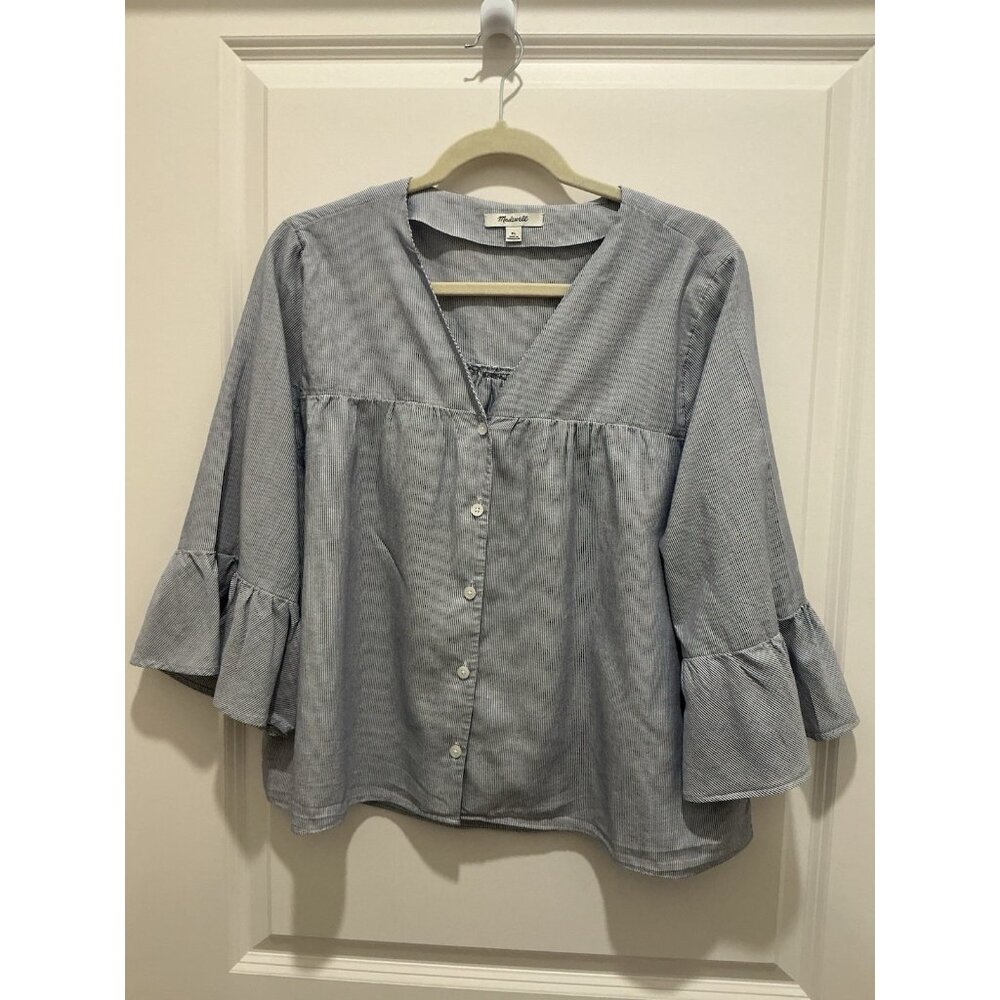 Madewell Peasant Blouse XL Blue White Striped Bell Sleeve VNeck